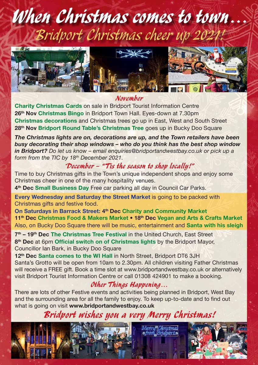 BridportCheer's tweet photo. We've updated some of the information on our original flyer so please see below for up to date information on all the festive activities taking place in #Bridport this year!
If you would like to apply for a stall at any of our Christmas markets please contact Terri @BridportTIC https://t.co/odpTy1HnCM