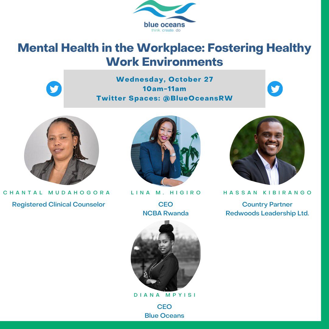 Hello friends, we’re back with our #TwitterSpaces monthly sessions! Join us on Wednesday, 10am-11am for a conversation on Mental Health in the Workplace. Guests are <a href="/LinaShyaka/">Lina M. Higiro</a> CEO of <a href="/NCBABankRw/">NCBA Rwanda</a>, <a href="/HKibirango/">Hassan Kibirango</a> Country Partner <a href="/RedwoodsLead/">Redwoods Leadership</a> &amp; <a href="/Mwiza123/">Chantal M. 🇷🇼🇨🇦</a>, Regst Clinical Counselor.