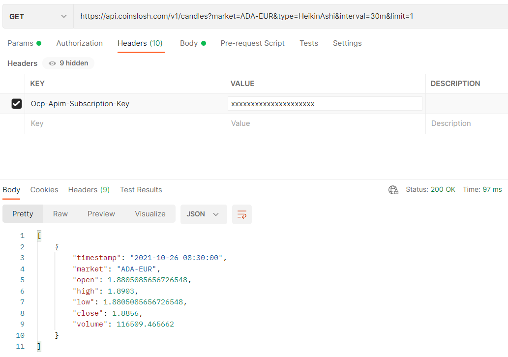 Today we added #Cardano to our #Crypto #API platform! Now you are also able to get #HeikinAshi candles for the #ADA #altcoin.
Free Sign Up and usage! coinslosh.com