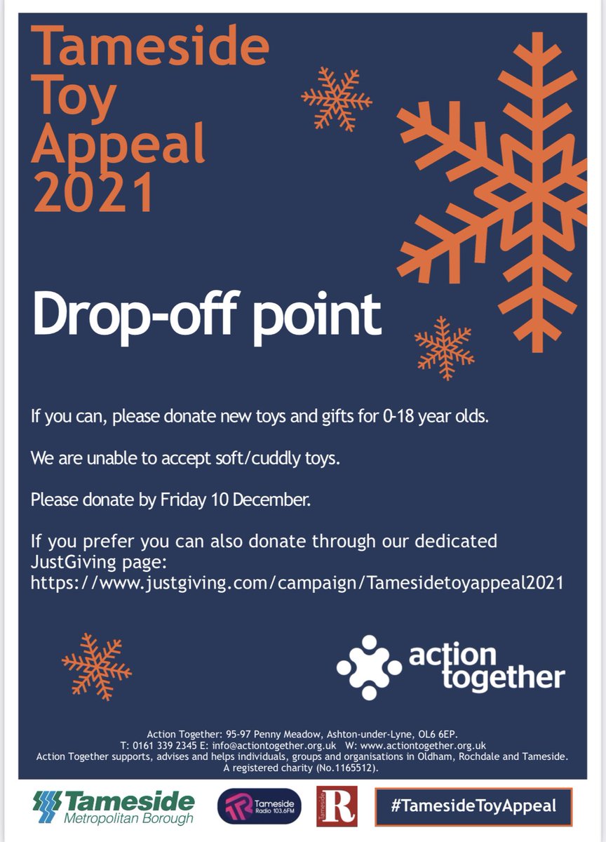 We are taking part in the @WeActTogether Tameside Toy Appeal 2021. The donations received at  Copley last year made such a difference to children last Christmas. Please drop off any gifts at reception. #tamesidetoyappeal