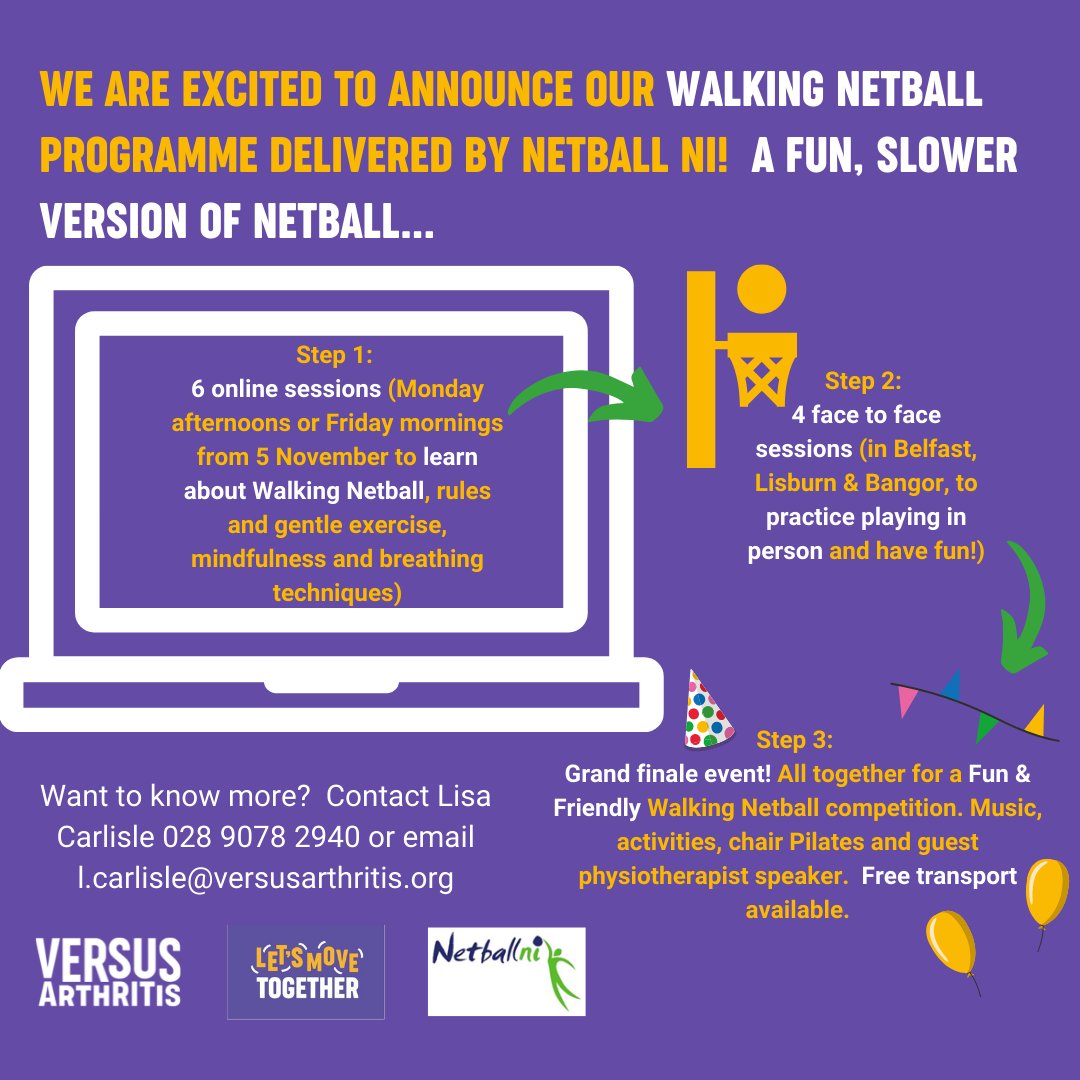 NIArthritis's tweet photo. Walking Netball...? It's netball, but at a slower walking pace making it suitable for all ages and fitness levels.  And it's FUN!  We are delighted to be working with Netball NI to deliver a programme of here in NI.  Email Lisa on l.carlisle@versusarthritis.org for more info! https://t.co/nlGHKv3auN