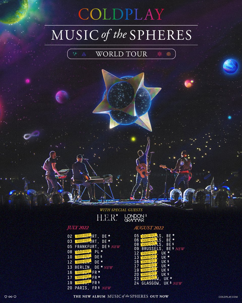 coldplay's tweet photo. 🚨 New extra dates added 

🇩🇪 July 13 – Berlin

🇫🇷 July 20 – Paris

🇧🇪 Aug 9 – Brussels

Berlin &amp; Brussels on sale Oct 29, Paris on sale Nov 3

🎟️ https://t.co/8g4RmOWSGp

#MusicOfTheSpheresWorldTour #MOTSWT https://t.co/C7Uuz6hQsX