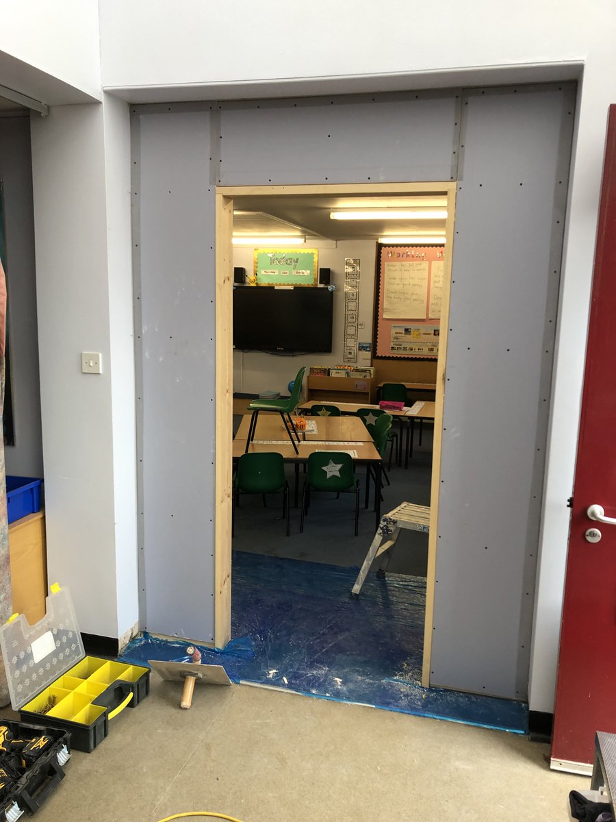 AlveySchool's tweet photo. Hatchers have put in a set of double doors in Mrs Lockton's class and have started a partition in Mrs Barclay's class and Mrs Warrener's  Dad is fitting some bespoke cupboards into our front office area. https://t.co/F70t5xBTo8