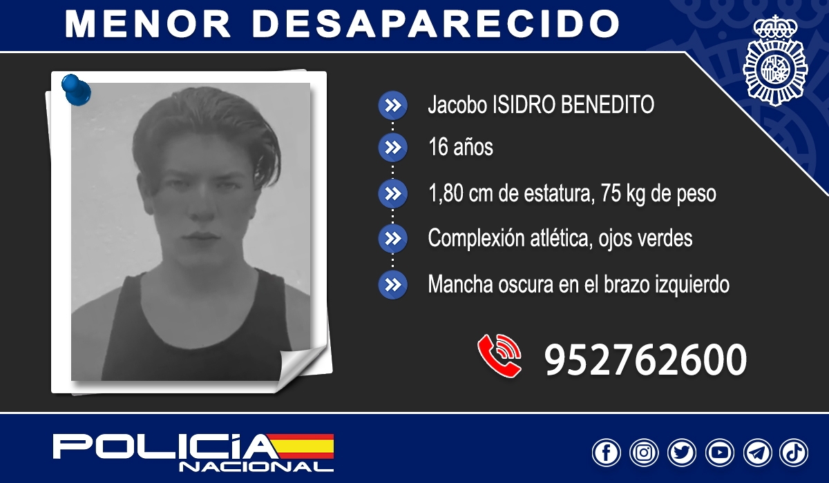 policia's tweet image. ⚠️IMPORTANTE🚩

Jacobo tiene 16 años y ha desaparecido en #Marbella (#Málaga).

Si le has visto o tienes cualquier información, por favor llámanos:             
☎️952 762 600

Tu RT no cuesta nada y podría ayudar a encontrarlo🙏
