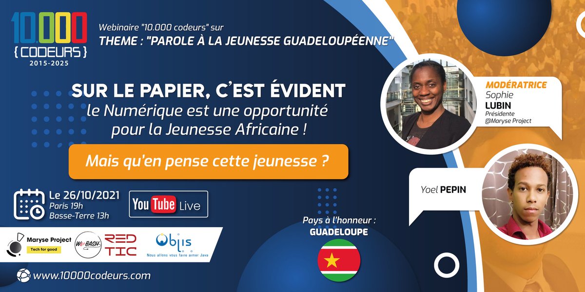 zazaones's tweet photo. Le collectif @MaryseProject vous donne Rdv ce soir avec les @10000codeurs . Le thème "Parole à la jeunesse Guadeloupéenne" .
#2GTD
 #Techforgood
#Tech https://t.co/d38GmuAwQ0