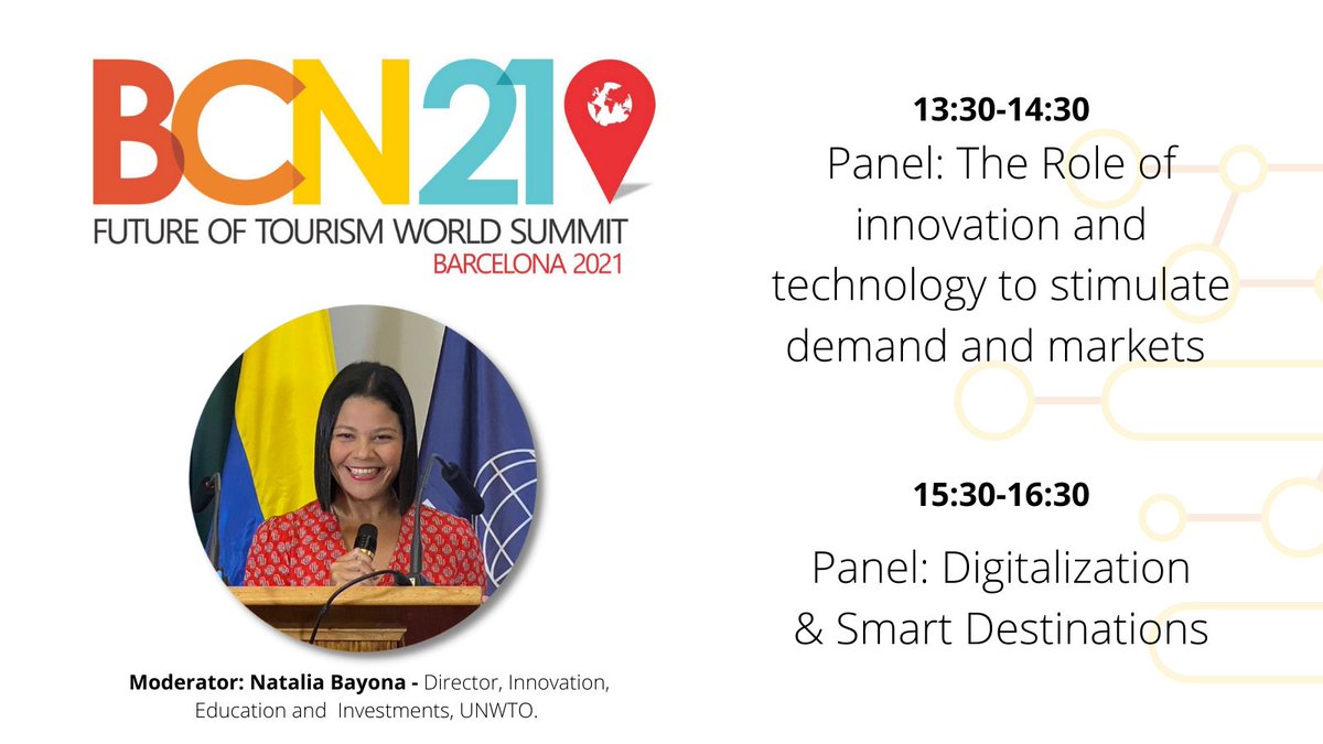 UNWTOAcademy's tweet photo. .  🪄Today at the BCN21 #FutureOfTourism World Summit:

🎙️@UNWTO's @NataliaBayona will be moderating the @rtve panels:
1⃣ The Role of Innovation &amp; Technology to stimulate demand and markets
2⃣ Digitalization &amp; Smart Destinations

🔴Livestream👇
https://t.co/g2rT1PhzUT https://t.co/ylEGBnHxRP