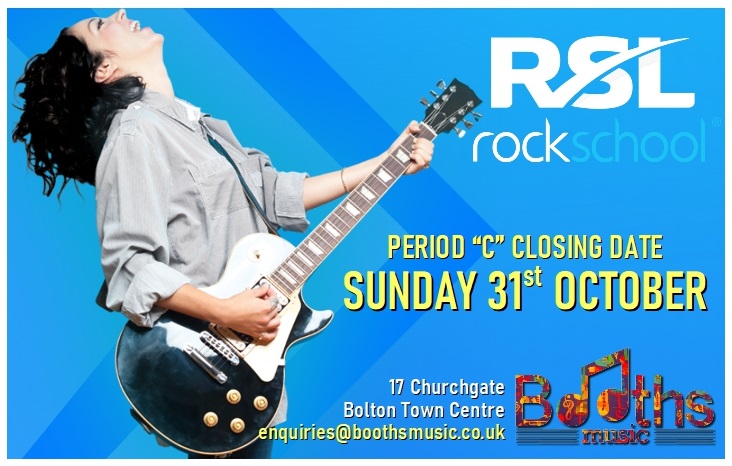 BoothsMusic's tweet photo. Should you be hoping to sit your Period "C" @RSLAwards graded music exam here between the dates of 12th November to 22nd December, the closing date for entries is this Sunday 31st October. #musicexams #rockschool #rslawards #musiclessons #musictuition #examcente #music #bolton https://t.co/PMcejwQPFy