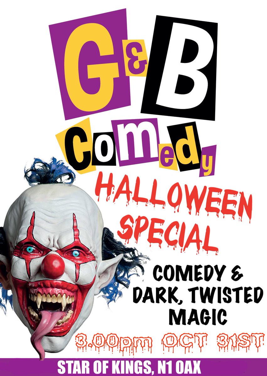 GABcomedy's tweet photo. It's funny, it's freaky, it's this Sunday at @Starofkings G&B's annual trip into the weird and wonderful.
The weirdness begins downstairs at The Star at 3.00pm.
#magic #halloween2021 #Halloween #standup #TwistedMagic #CreepyMagic #standupcomedy #comedy #darkcomedy #Frighfest https://t.co/sPhclNNBUz