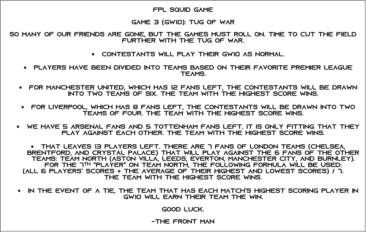 NickKahnTweets's tweet image. Tug of War is like being a football fan. You live and die with your team. Of course, we mean this literally in #FPLSquidGame. 🦑⚽️

The teams and matchups for the Tug of War room are below, and check the rules in the photo. Good luck.