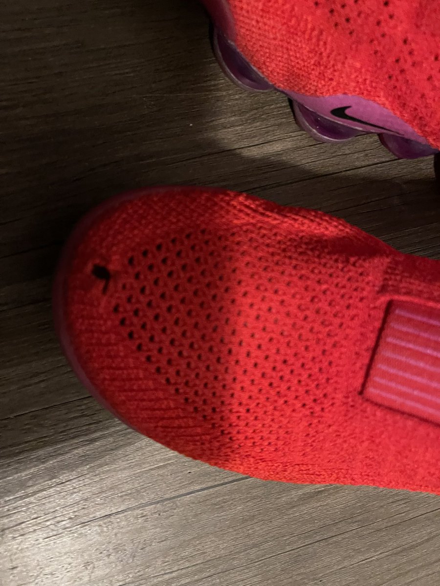 nvusent's tweet photo. @Nike I am a sneaker head as well as my wife I brought her a pair of vapormax and after only wearing them a couple of times they started getting holes in them I expect a higher quality from @nike I own 100s of pairs on Nike shoes. #cheated #poorquality @nike #switchingbrands https://t.co/lnr0fcsbgs