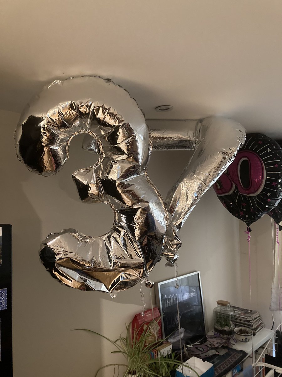BenWPope's tweet image. my flatmate’s week-old 30th birthday balloons have leaked helium into the shape of a 37, an absolutely perfect metaphor for the ageing process