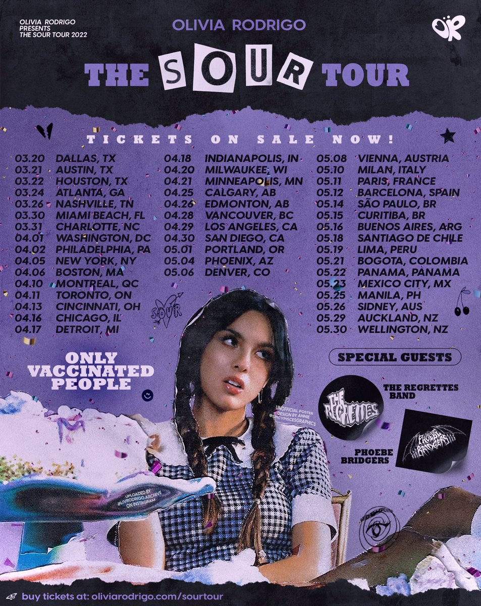 honeylivbee's tweet photo. ❕ [ UNOFFICIAL ]
the SOUR tour 🎤💜🦋
poster designed by me!
@Olivia_Rodrigo @LiviesHQ 

ignore the dates and cities, i just put them randomly https://t.co/X0kiaYD7C3