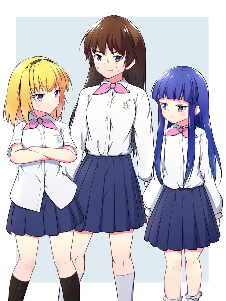 furude rika ,houjou satoko multiple girls 3girls skirt crossed arms long hair blonde hair brown hair  illustration images