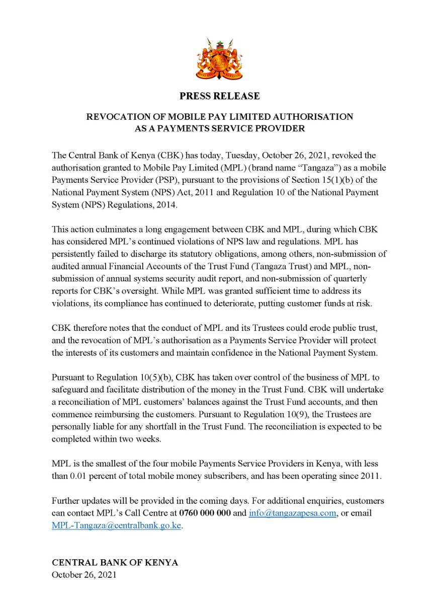 CBKKenya's tweet photo. Press release: Revocation of Mobile Pay Limited Authorisation as a Payments Service Provider https://t.co/Eayj0dLOqy