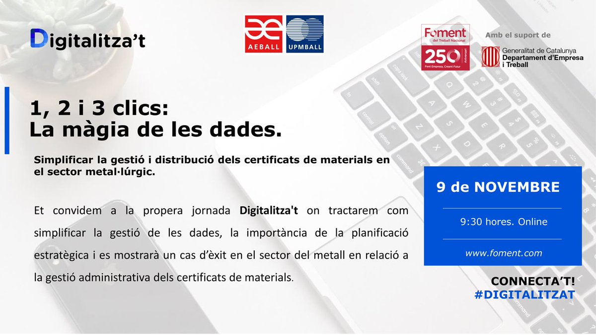 AEBALL_UPMBALL's tweet photo. 💡Vols saber com simplificar la #gestió de les dades a la teva #empresa? Participa al proper #eWorkshop del programa #Digitalitzat! 📲 https://t.co/XZBuWnQqsv
Amb la col·laboració de @FomentTreball i el suport de @empresacat @treballcat
#TreballemPerGuanyarElFutur @AppOrigen https://t.co/eAUsh3Q5E6