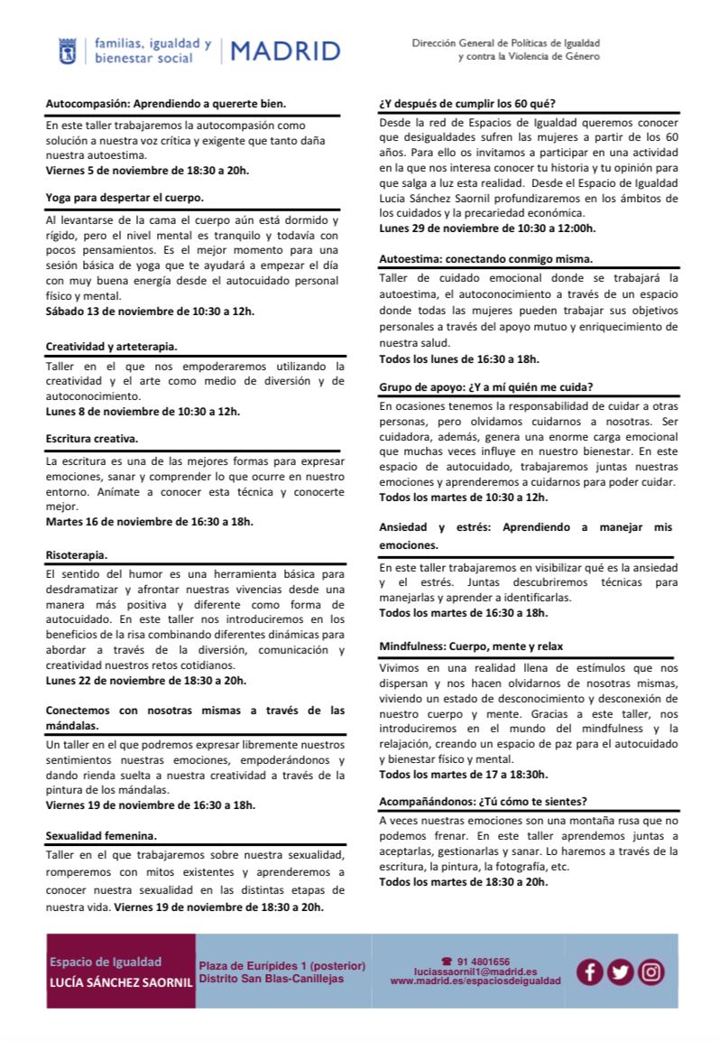 ¡¡Os dejamos la programación de actividades de noviembre!!
Ya sabéis que podéis inscribirnos en los talleres o pedir cita en atención individual jurídica, psicológica y de desarrollo profesional
#EspaciosdeIgualdad #MadridIgualdad #SanBlasCanillejas #noviembre