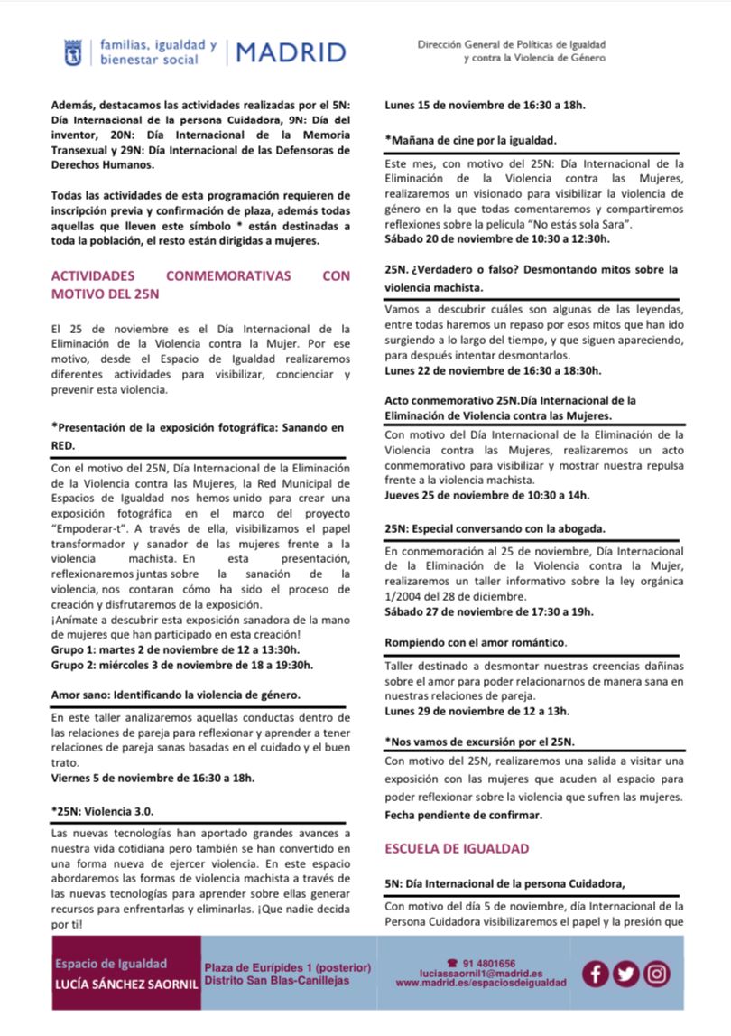 ESaornil's tweet photo. ¡¡Os dejamos la programación de actividades de noviembre!!
Ya sabéis que podéis inscribirnos en los talleres o pedir cita en atención individual jurídica, psicológica y de desarrollo profesional
#EspaciosdeIgualdad #MadridIgualdad #SanBlasCanillejas #noviembre https://t.co/6BRb9tR5ZU