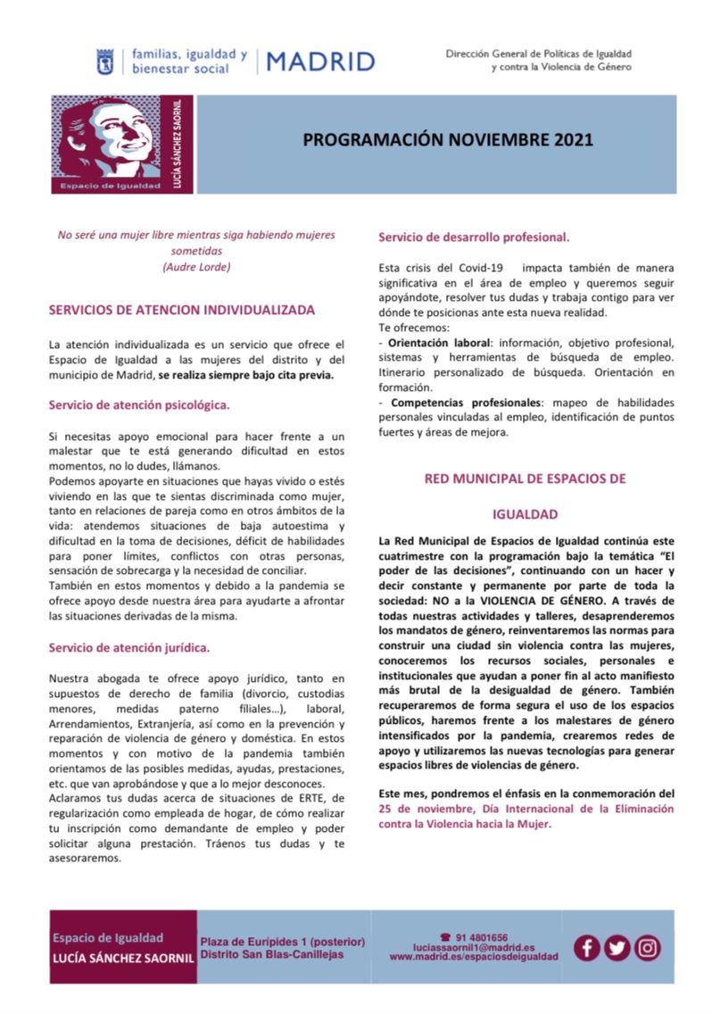 ESaornil's tweet photo. ¡¡Os dejamos la programación de actividades de noviembre!!
Ya sabéis que podéis inscribirnos en los talleres o pedir cita en atención individual jurídica, psicológica y de desarrollo profesional
#EspaciosdeIgualdad #MadridIgualdad #SanBlasCanillejas #noviembre https://t.co/6BRb9tR5ZU