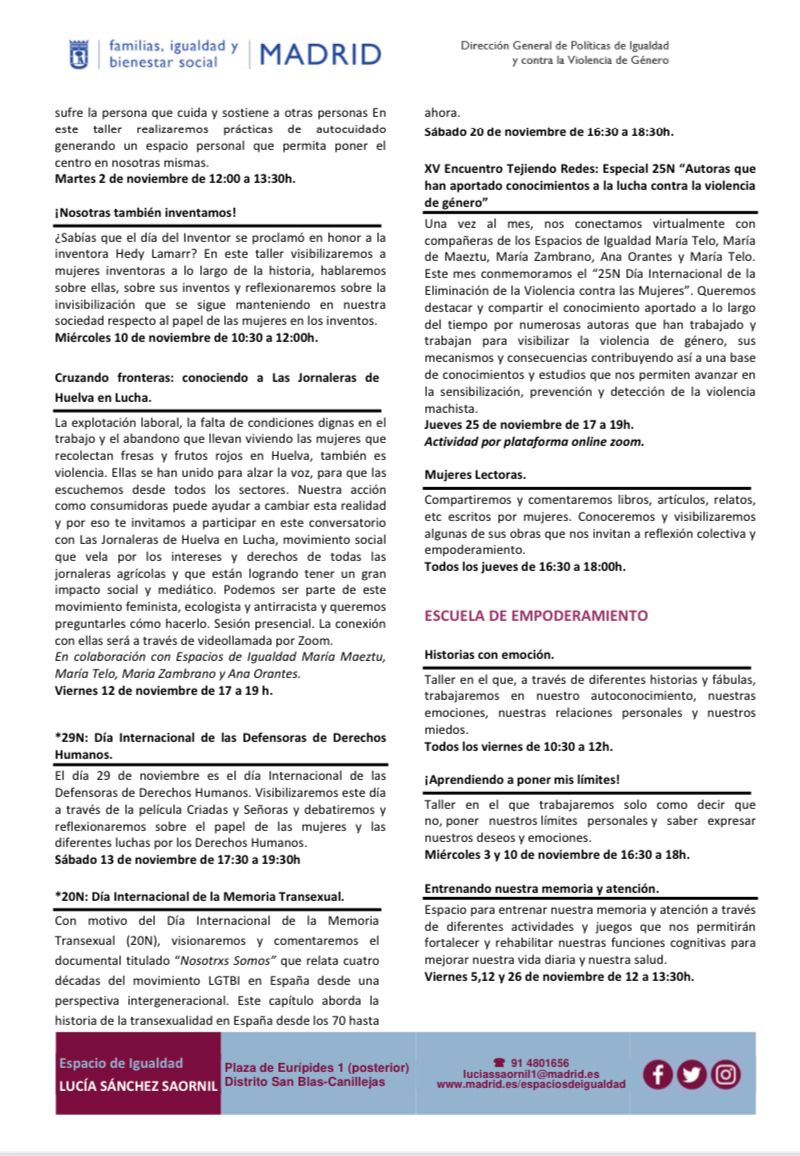 ESaornil's tweet photo. ¡¡Os dejamos la programación de actividades de noviembre!!
Ya sabéis que podéis inscribirnos en los talleres o pedir cita en atención individual jurídica, psicológica y de desarrollo profesional
#EspaciosdeIgualdad #MadridIgualdad #SanBlasCanillejas #noviembre https://t.co/6BRb9tR5ZU