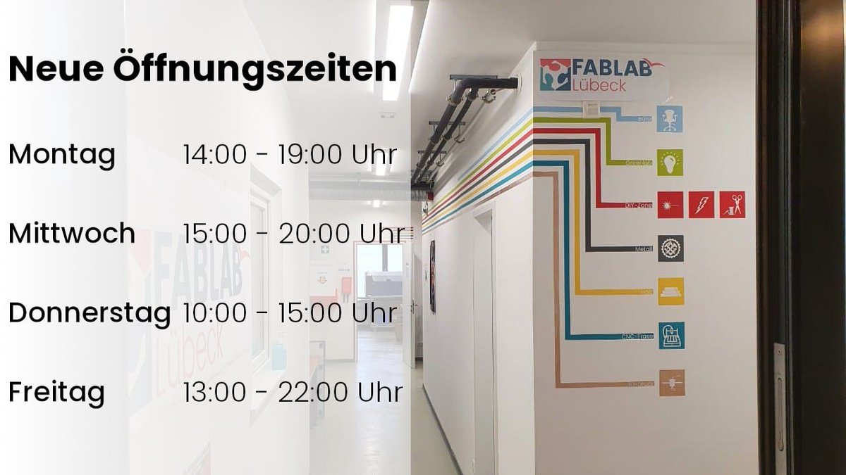 FablabLuebeck's tweet photo. Trommelwirbel 🥁
Wir haben jetzt 4x die Woche regelmäßig für Dich geöffnet.

Komm gerne vorbei und tüftel an Deiner nächsten Idee 🤭

Montag 14:00–19:00
Mittwoch 15:00–20:00
Donnerstag 10:00–15:00
Freitag 13:00–22:00 https://t.co/v4Hv4TO7PZ