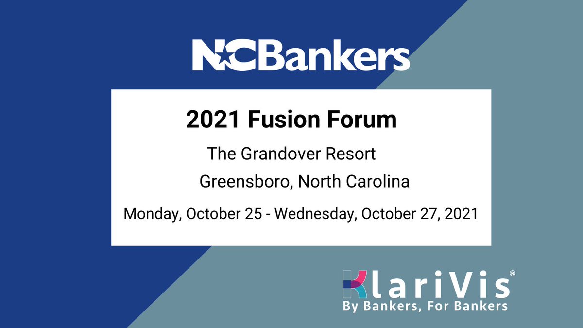 We are exhibiting at the North Carolina Bankers Association #2021FusionForum. Be sure to stop by our booth to see how #KlariVis is solving the banking data conundrum. You'll also be entered to win a bourbon &amp; bubbles gift basket!

#wemakedatasimple #seeingisbelieving