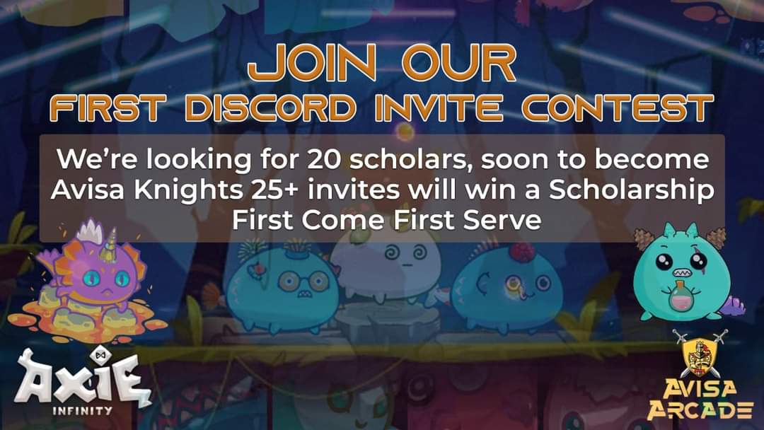 Rizcalosa's tweet photo. @AvisaArcade is looking for AXIE INFINITY SCHOLARS

20 slots available !!

Join our Discord Invite Contest 🔥🥳

 https://t.co/e9XOTBMSmn https://t.co/BgdMt48CdQ