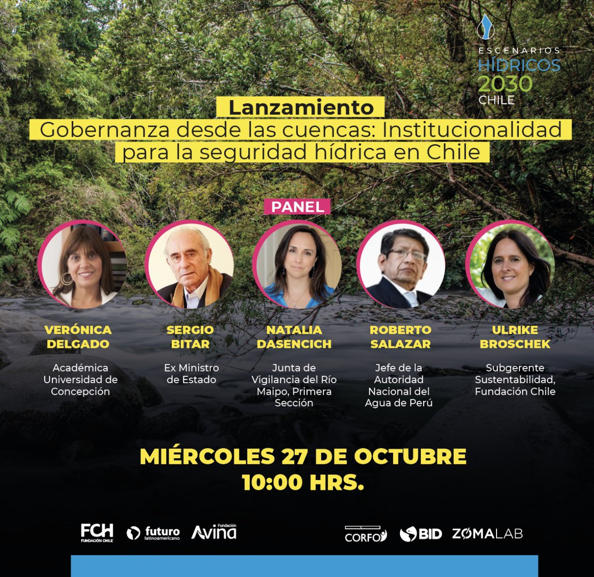¡Imperdible!👉Mañana miércoles 27 en Lanzamiento «Gobernanza desde las cuencas: institucionalidad para la seguridad hídrica en Chile» participará la Dra. Verónica Delgado <a href="/verodelgadosch/">Verónica Delgado Schneider</a>
 
💧Organiza: Escenarios Hídricos 2030 <a href="/ehidricos2030/">Escenarios Hídricos</a>
 
💻Inscripción:bit.ly/3pGQlSH