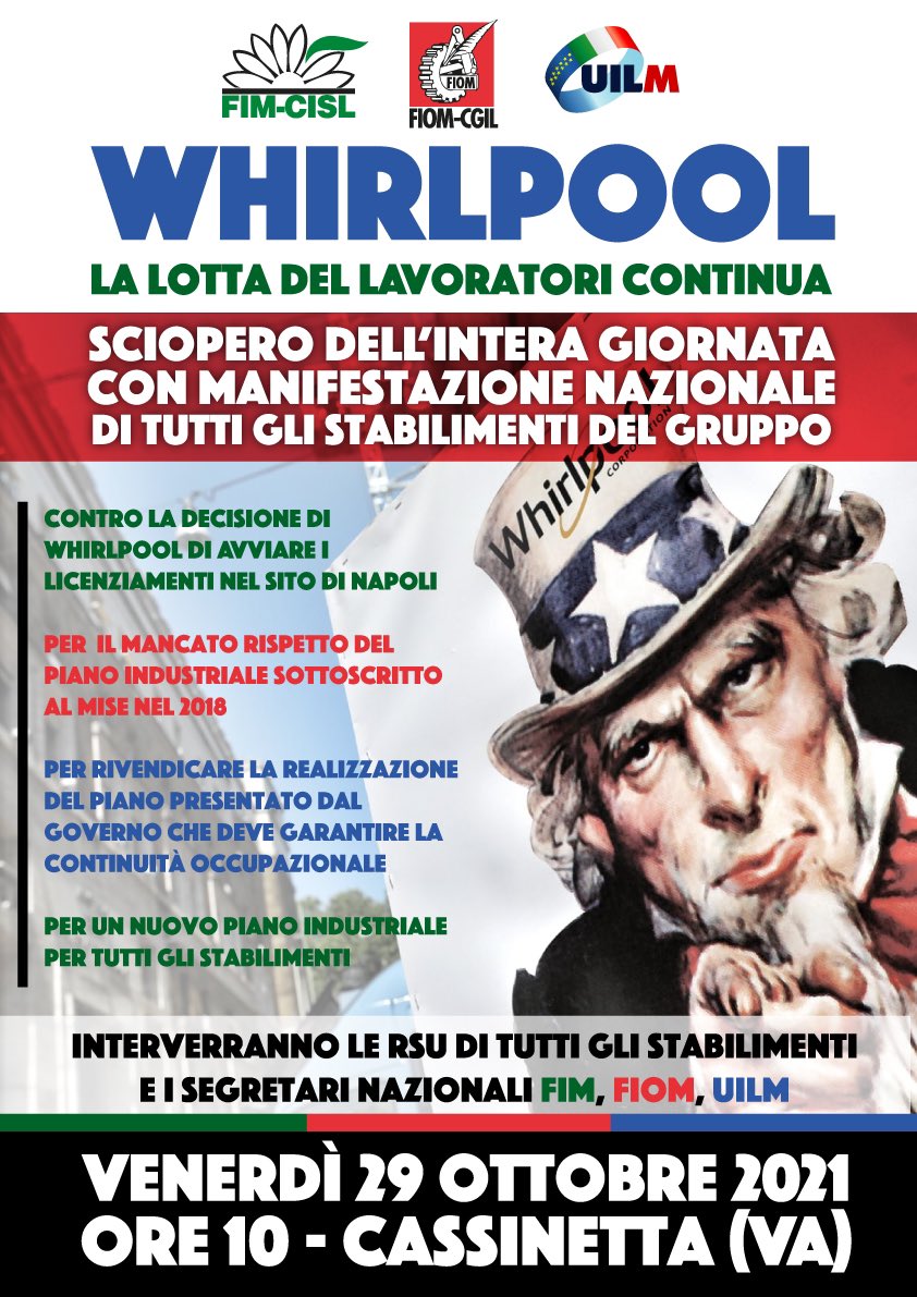🔴⚙️ #WHIRLPOOL
La lotta dei lavoratori continua! 🚩
Venerdì #29ottobre sciopero per l’intera giornata e manifestazione nazionale di tutti stabilimenti del gruppo alle 10 a #Casseinetta #Varese.
Interverranno le delegate e i delegati, <a href="/barbara_tibaldi/">Barbara Tibaldi</a> per la #Fiom, Fim e Uilm.