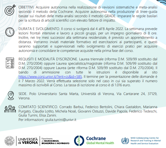 Epidemiology and Psychiatry Verona (@psych_verona) on Twitter photo Aperte le iscrizioni per la nuova edizione del Corso di Perfezionamento in Revisioni Sistematiche e Meta-analisi dell'UniversitĂ di Verona che si terrĂ ad Aprile 2022. Vi aspettiamo!
Qui tutte le info: corsi.univr.it/?ent=cs&id=585…
<a href="/UniVerona/">UniversitĂ di Verona</a> Aperte le iscrizioni per la nuova edizione del Corso di Perfezionamento in Revisioni Sistematiche e Meta-analisi dell'UniversitĂ di Verona che si terrĂ ad Aprile 2022. Vi aspettiamo!
Qui tutte le info: corsi.univr.it/?ent=cs&id=585…
<a href="/UniVerona/">UniversitĂ di Verona</a>