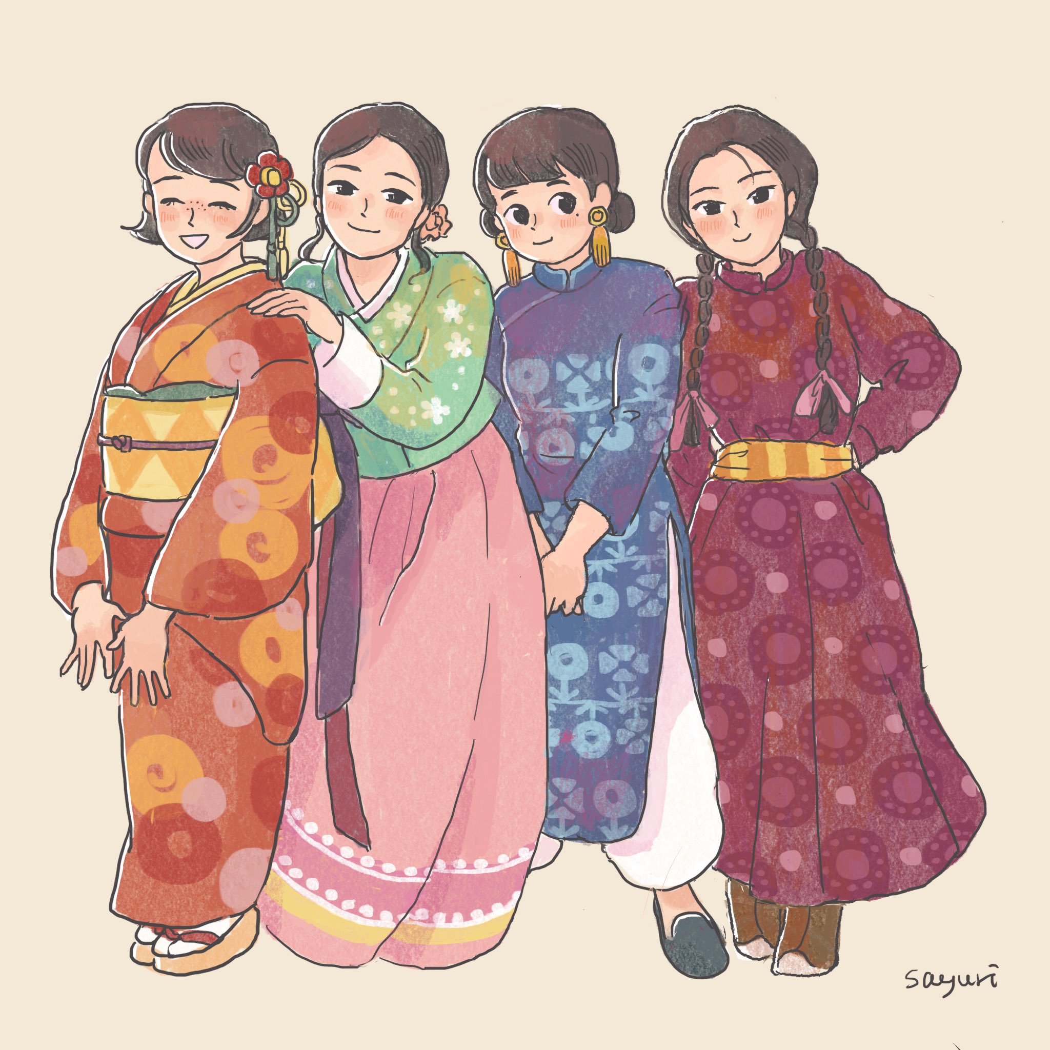 笹井さゆり Sasai Sayuri 日本の着物 韓国のチマチョゴリ 中国のチャイナドレス モンゴルのデールです 実際の構造は イラストと少しちがうかも 中国の少数民族の衣装などを含めるともっと多様で 東アジアにしぼっても描ききれません どの衣装にも