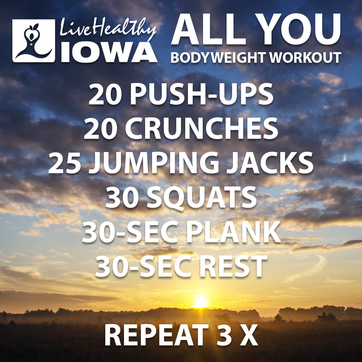 livehealthyiowa's tweet photo. It is all about YOU today!!! This is a great no-equipment workout that you can do anywhere.
#LiveHealthyIowa #keepmovingIowa #noequipmentnoproblem #workout https://t.co/9xvexY092c