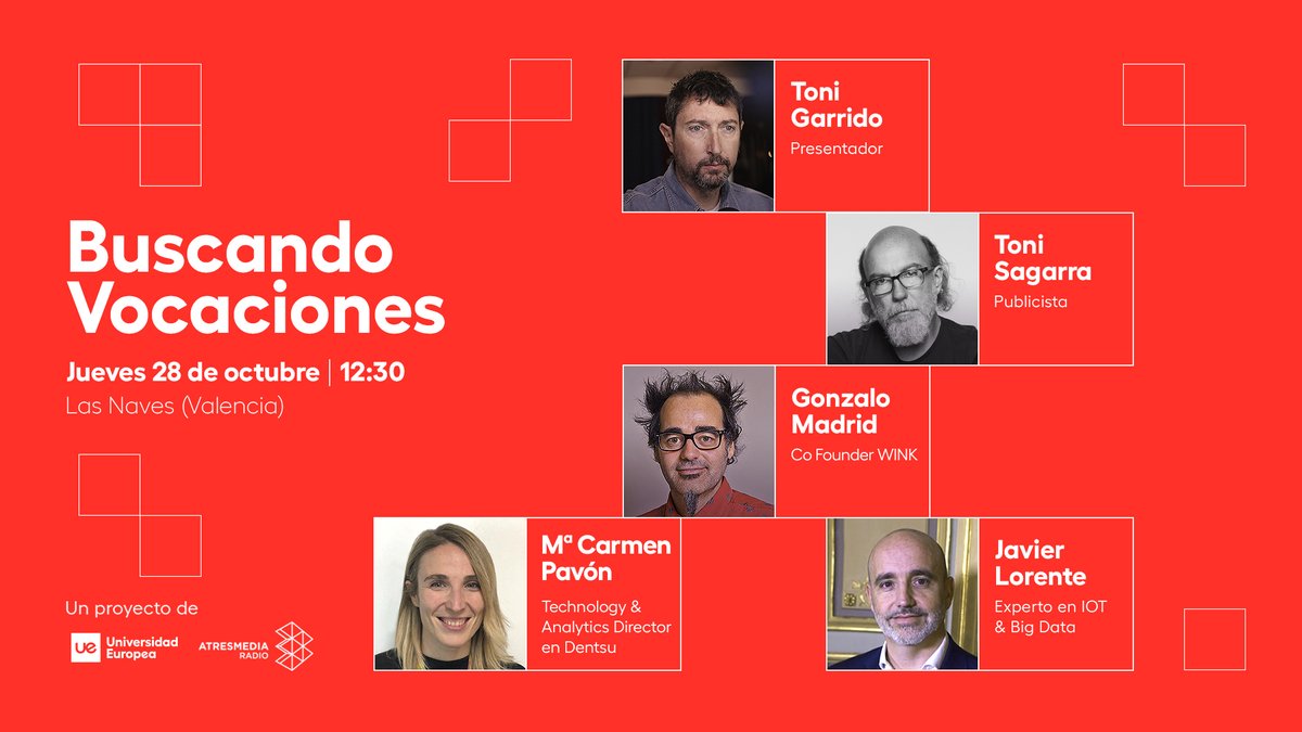 💥 #BuscandoVocaciones llega el jueves a Valencia para hablar sobre la tecnología en las profesiones del futuro con:

▶ Mª Carmen Pavón (<a href="/dentsu/">アオイ</a>)
▶ <a href="/javierlorentem/">Javier Lorente</a> (<a href="/TelefonicaTech/">Telefónica Tech</a>)
▶ Gonzalo Madrid (@ymediawink)
▶ Toni Segarra, publicista

🔝 Modera: <a href="/garridocoronado/">Toni Garrido</a>