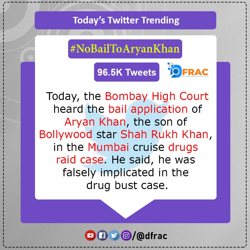 DFRAC_org's tweet photo. #NoBailToAryanKhan is trending on Twitter with total of 96.5K tweets.
Know more about it!
#DFRAC #AryanKhanDrugCase #ShahRukhKhan #BombayHighCourt #SameerWakhende https://t.co/ADZRbiLm3A