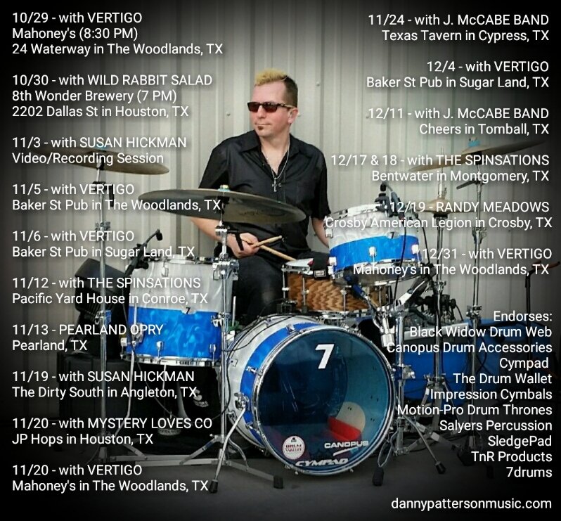 DPattersonMusic's tweet photo. Upcoming dates ...
@SalyersPerc @tnrproducts @SledgePad @JHAudio @castleclutch @CYMPAD_USA @ImpCymbals @Alesis @LPPercussion @Real7drums @remopercussion #thedrumwallet #motionpro_drumthrones #drummer #giglife #workingdrummer #drummersoftexas #dannypattersonmusic https://t.co/b8yjZcWNAO