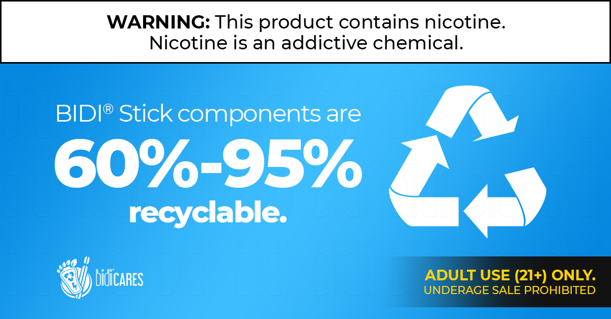 bidicares's tweet photo. While the BIDI® Stick is a disposable device, we make sure that its components do not go to waste.

Find out more about what makes the BIDI® Stick recyclable here: https://t.co/PmjXhURa8I

#BIDICares  #vapetechnology #electronics #bidisticks #BidiVapor #recyclability https://t.co/l9SsqyHxA9