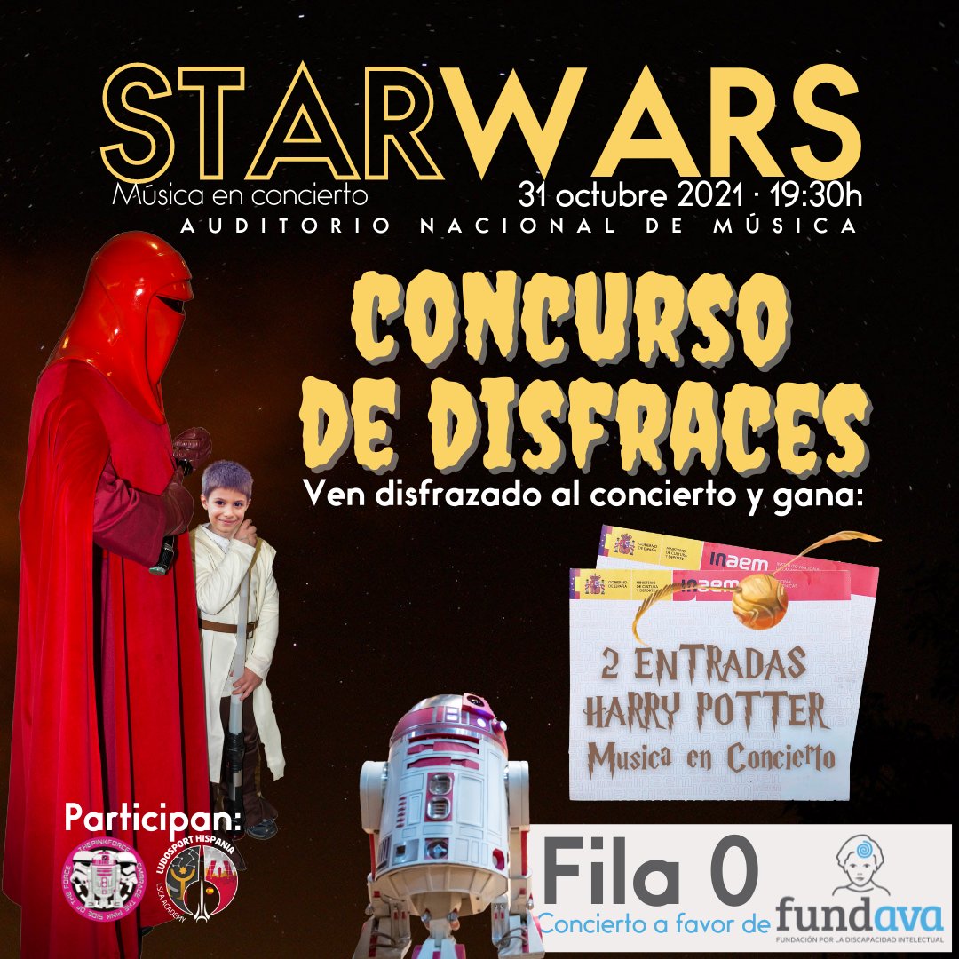 ¡#CONCURSO DE DISFRACES! 🥳Vístete de lo que tú quieras este domingo en Star Wars. Música en concierto
Solo tenemos que hacerte una foto 📸 en el Hall del Auditorio Nacional y al final del concierto, anunciaremos al 🤩GANADOR de 2 ENTRADAS para Harry Potter, Música en concierto⚡