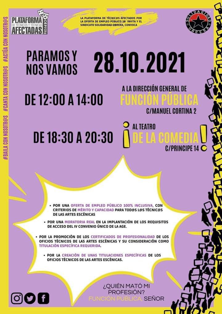 Este jueves 28 la Plataforma de Técnicos y Técnicas Afectadas por la OEP18 vuelven a salir a la calle en Madrid.
¡SALGAMOS A ACOMPAÑARLES! ¡SU LUCHA ES LA DE TODXS!
#oep2018INAEM
#NoMePuedoPresentar2018
#UnidosSomosMasFuertes
#todxsauna
#SomosPEATE

<a href="/SoliObrera/">Solidaridad Obrera</a> 
<a href="/miqueliceta/">Miquel Iceta Llorens /🌹🇺🇳</a>