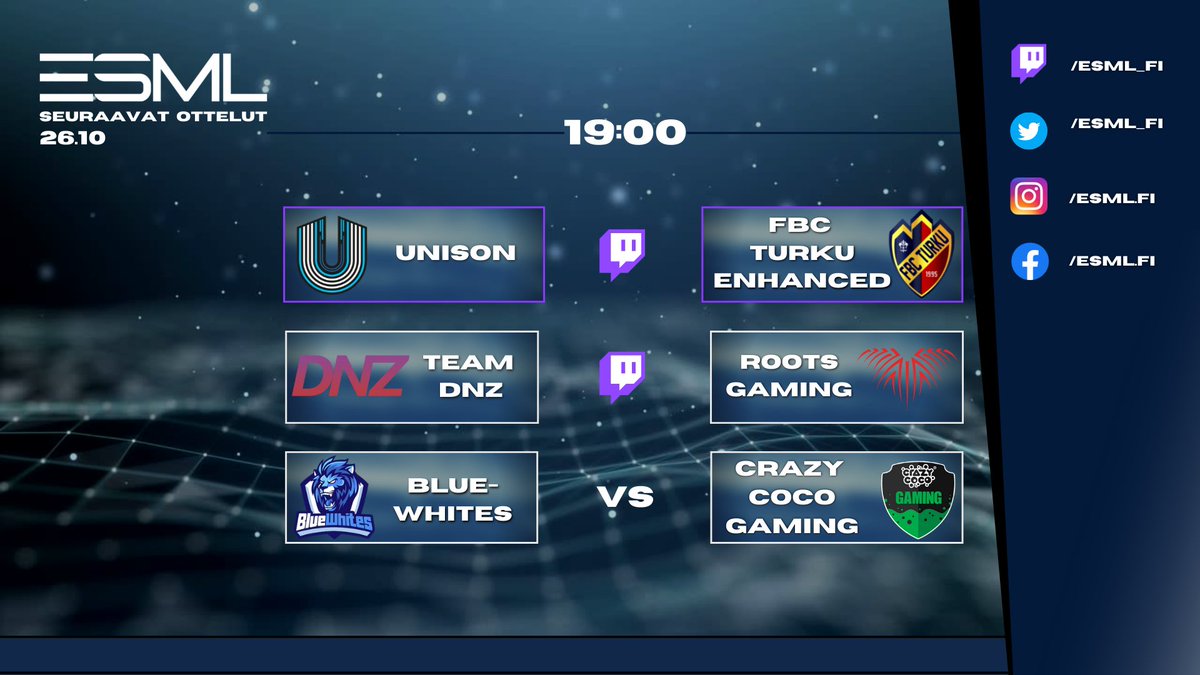 Runkosarja lähenee loppuaan, kun toisiksi viimeistä viikkoa aloitellaan 🔥 

⏰ 19:00

📺 twitch.tv/esml_fi
<a href="/UNISONWIN/">UNISON</a> VS <a href="/enhanced_gg/">ENHANCED</a>

📺 twitch.tv/rootsgamingcs
<a href="/TeamDNZ_/">Team DNZ</a> VS <a href="/RootsGaming1/">Roots Gaming</a>

<a href="/BlueWhites/">BlueWhites</a> VS <a href="/crazycocogaming/">Crazy Coco Gaming</a>

#esml #csgofi #esportsfi