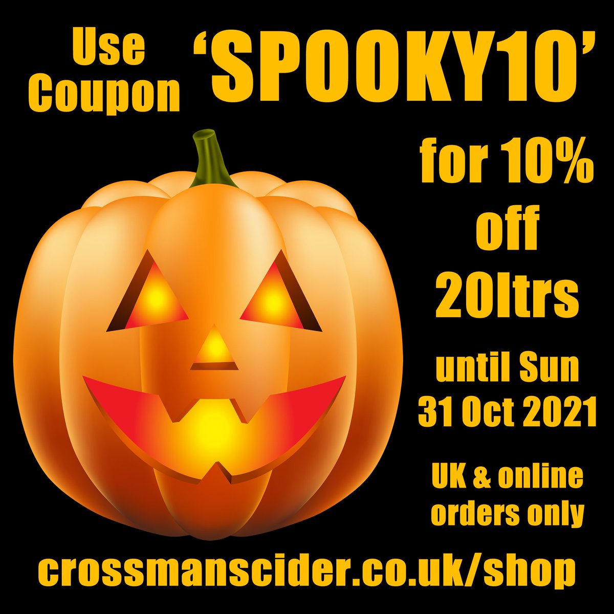 Use coupon code 'SPOOKY10' at the checkout to receive 10% off 20ltrs until 31st Oct 2021.
crossmanscider.co.uk/shop
👻
#couponcode #discount #coupon #farmhouse #onlineshop #homeorchardspecial #localcider #crossmanscider #cider #realcider #craftcider #spooky10 #halloween #spooky