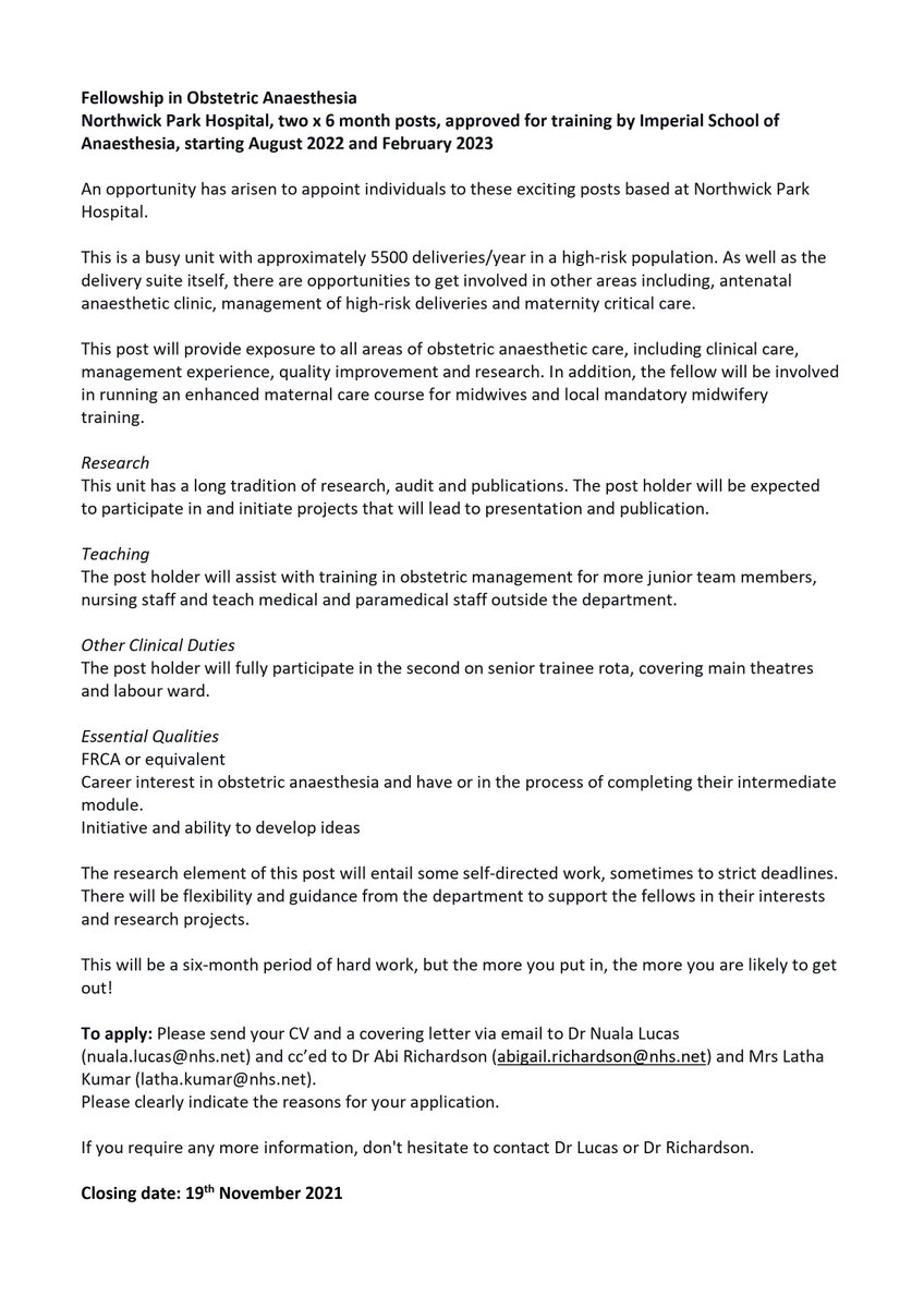 abi_rich1's tweet photo. Northwick Park Obstetric Anaesthetic Fellowships - 6 month posts commencing Aug '22 and Feb'23. Applications open to @ImpAnaesthesia higher trainees. See advert below for further details. https://t.co/6QbrVonvti