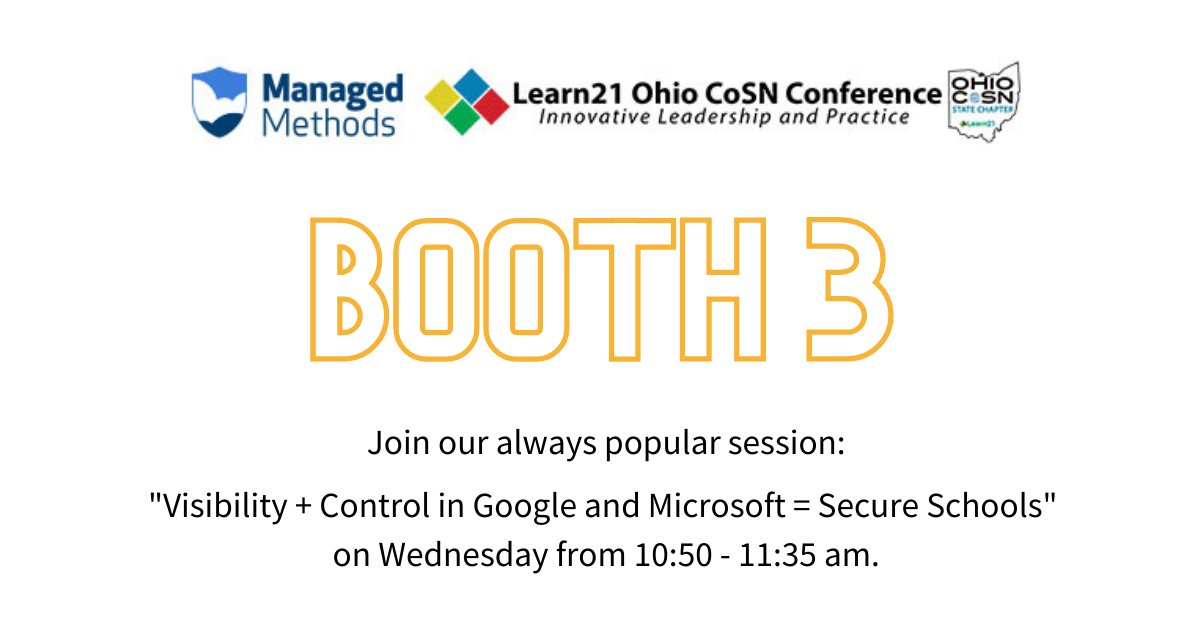 managedmethods's tweet image. We&apos;re excited to kick off @L21OhioCoSN tomorrow! Don&apos;t forget to stop by booth 3 to meet @JonMiller99 and learn about ManagedMethods. ☁️ @Learn21Team

Check out more: hubs.ly/H0-4C5r0

 #OhioEdTech #Learn21 #EdChat #K12Cybersecurity