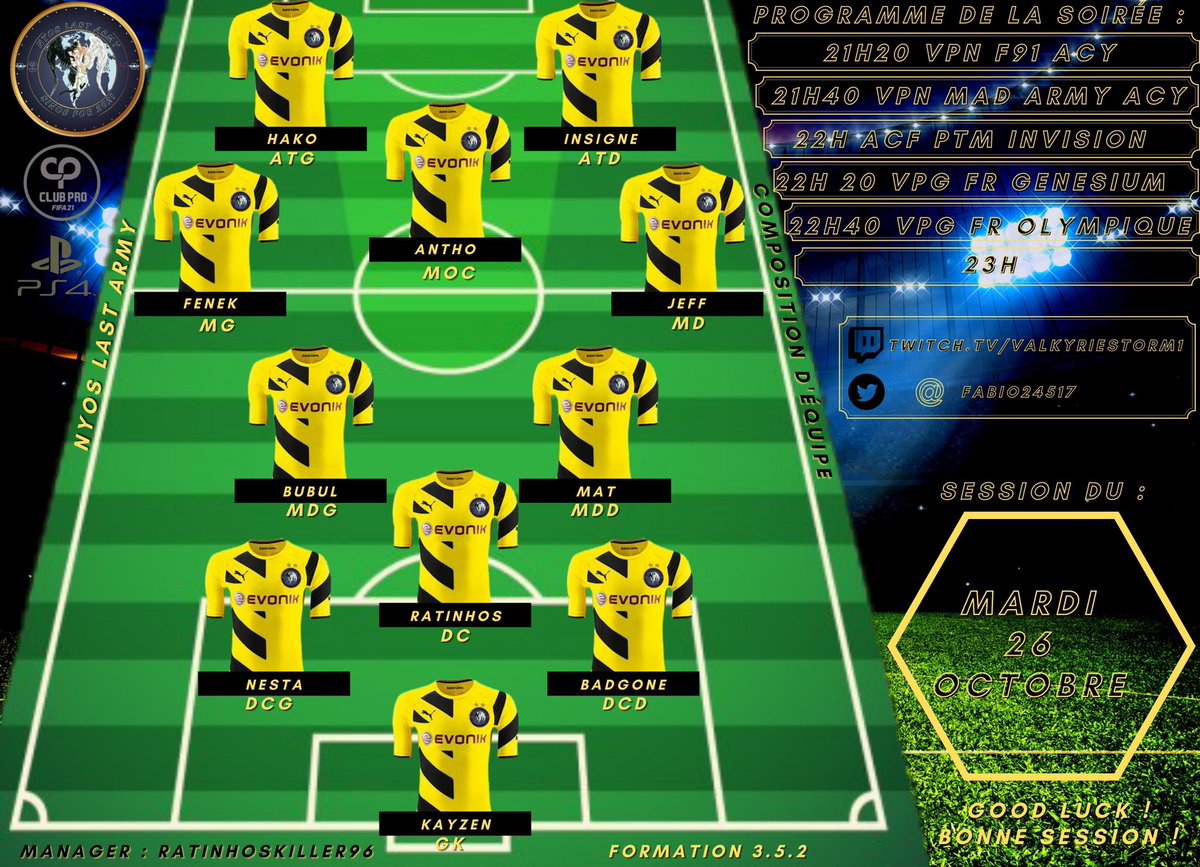 Notre armée jaune se lance ce soir en 2 matchs VPN prestige, 1 match ACF et 2 matchs VPG France 
<a href="/LigueAcf/">ACF France 🇫🇷</a> @VPNPS4Officiel <a href="/VPGFrance_/">VPG France</a>