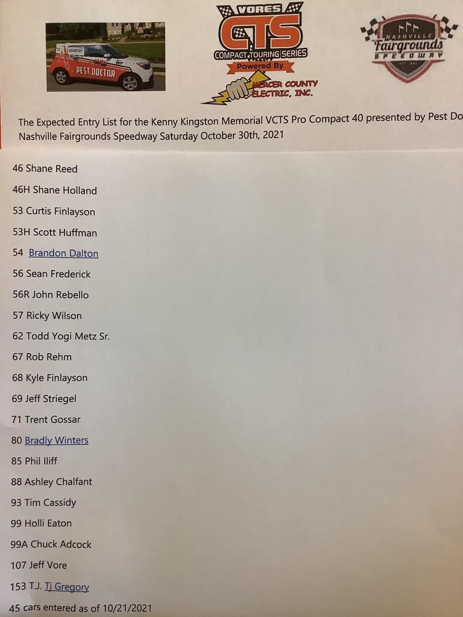 VCTS (@vctsracing) on Twitter photo Another strong entry list of VCTS drivers heading to <a href="/RaceFairgrounds/">Nashville Fairgrounds Speedway</a> for the Kenny Kingston Memorial VCTS race presented by Pest Doctor. Who will take home the guitar this year? Join us this Saturday night to find out. You can can also catch all the action on @speed51dotcom Another strong entry list of VCTS drivers heading to <a href="/RaceFairgrounds/">Nashville Fairgrounds Speedway</a> for the Kenny Kingston Memorial VCTS race presented by Pest Doctor. Who will take home the guitar this year? Join us this Saturday night to find out. You can can also catch all the action on @speed51dotcom