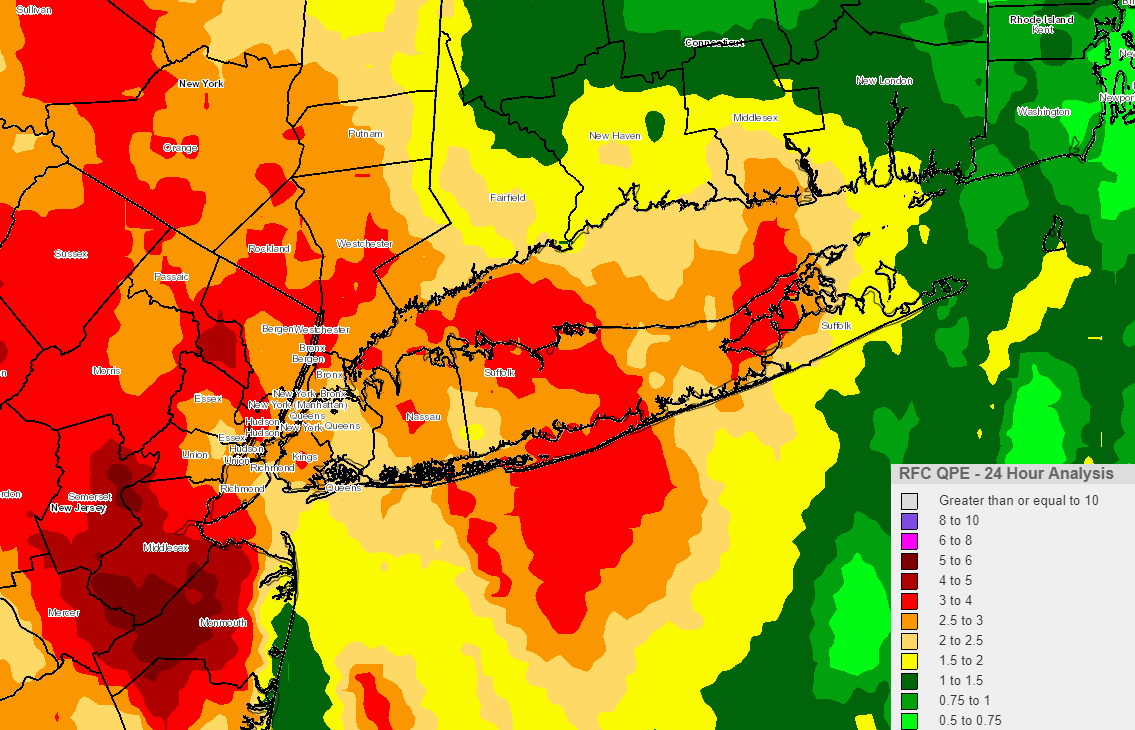 NWSNewYorkNY's tweet photo. Storm total rainfall through 1 PM:

💧Central Park: 2.73"
💧Newark: 3.08"
💧LaGuardia: 2.15"
💧Islip: 2.60"
💧Bridgeport: 1.47"

Bands of rain will continue to rotate through the region over the next 12 hours or so. #NYwx #NJwx #CTwx https://t.co/cOxihHhPZo