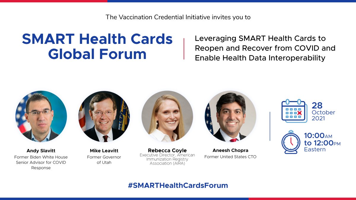 Looking forward to opening the Global Forum with <a href="/ASlavitt/">Andy Slavitt 🇺🇦</a> @govmikeleavitt <a href="/AIRA_ImmReg/">AIRA</a> <a href="/aneeshchopra/">Aneesh Chopra</a> <a href="/commons_prjct/">The Commons Project Foundation</a> #VCI 
Join us Thursday 28 Oct 10am to Noon Eastern.
thecommonsproject.org/shcglobalforum #SMARTHealthCardsForum #SMARTHealthCards #openstandards #COVID19