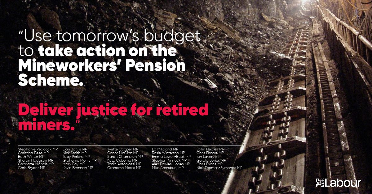 We are calling on the Chancellor to use tomorrow’s budget to take action on the Mineworkers' Pension Scheme and deliver justice for retired miners. https://t.co/fzZ4rubNPv