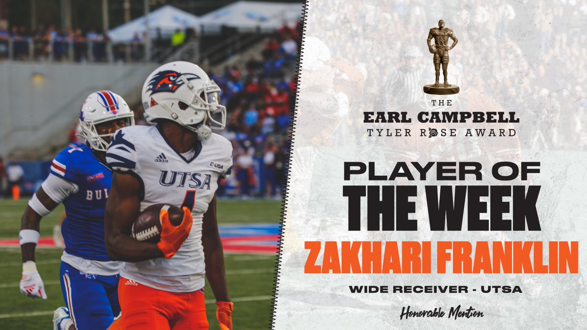 Week 8 Honorable Mention: <a href="/UTSAFTBL/">UTSA Football 🏈</a> WR Zakhari Franklin (Cedar Hill HS, TX). #BirdsUp