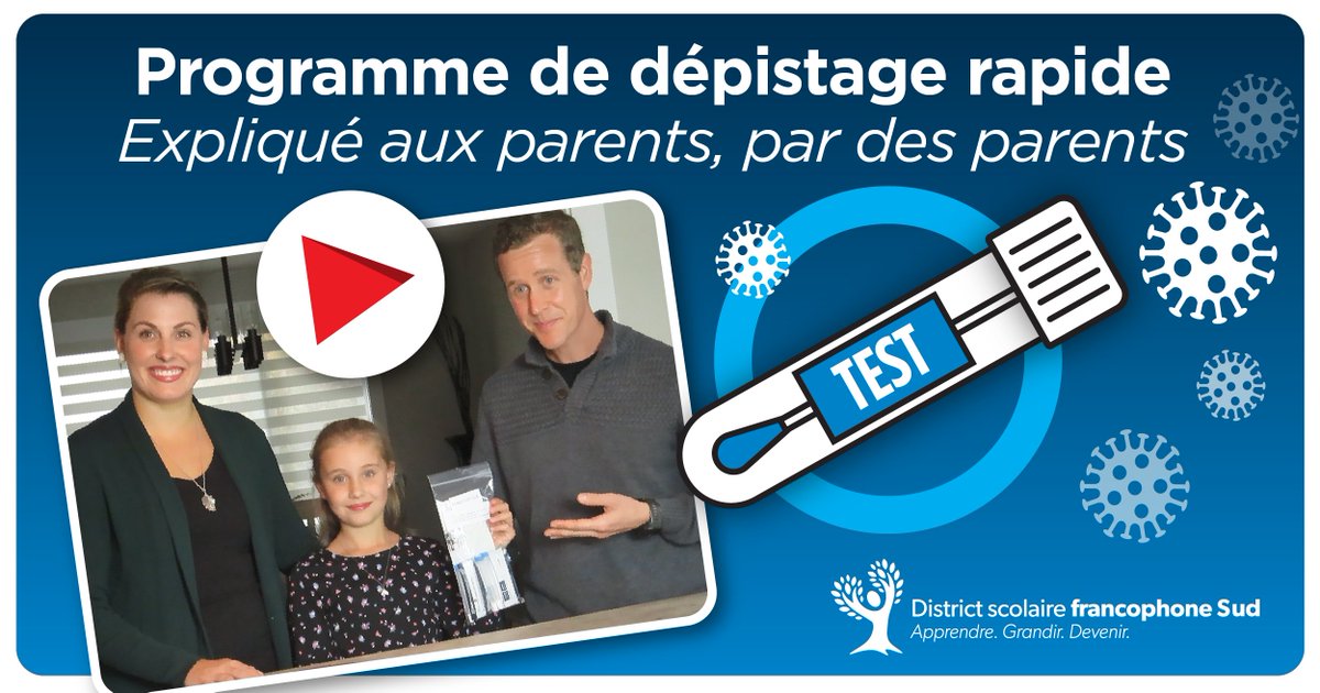 francophonesud's tweet photo. 👃| TESTS DE DÉPISTAGE RAPIDE |👃
Vous avez des questions en lien avec le programme de tests de dépistage rapide dans les écoles? Voici de courtes vidéos qui répondent aux questions les plus fréquemment posées par les parents.👉https://t.co/wMkDdVzO6Y https://t.co/ULDxrdrlYw