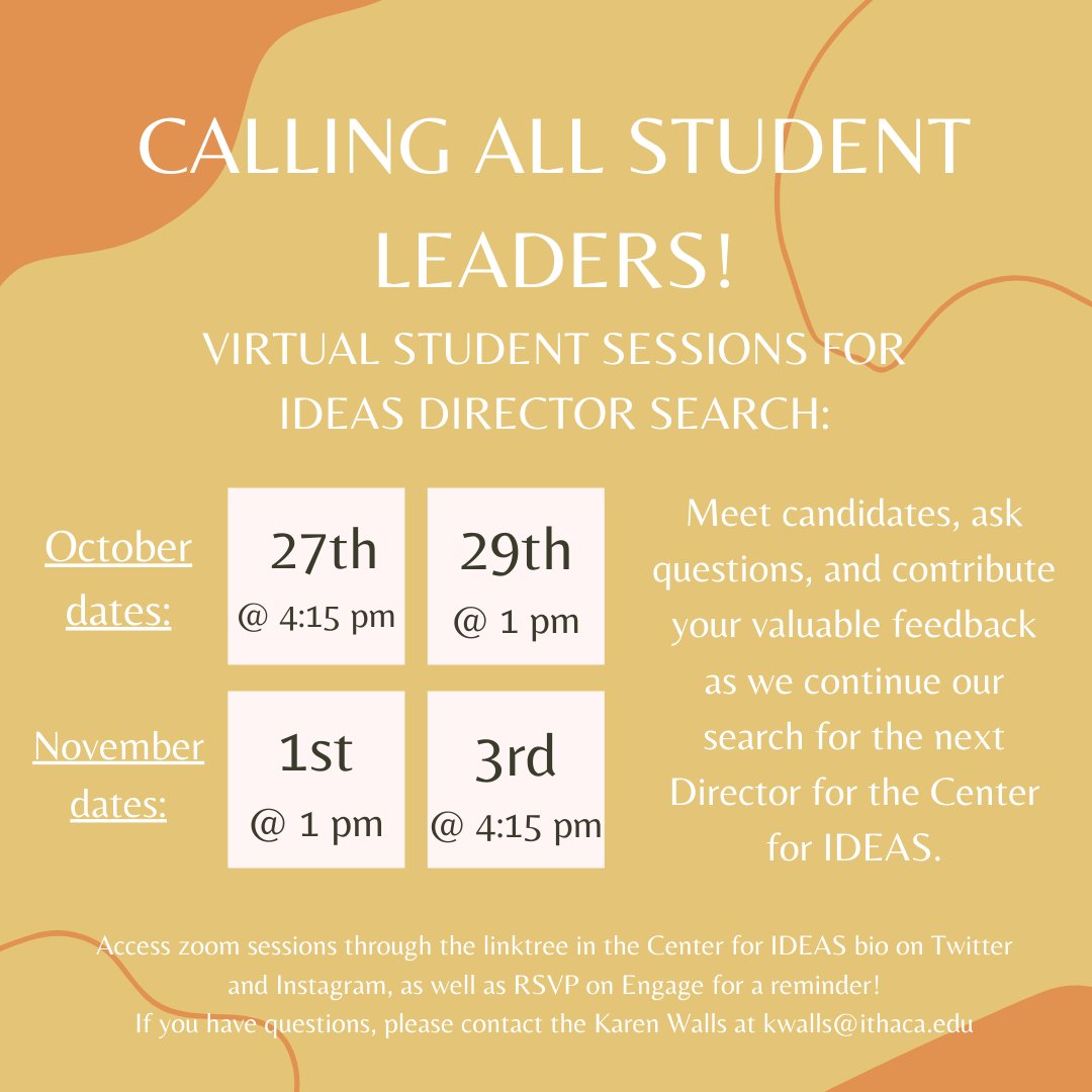 🗣Calling all student leaders! <a href="/centerforideas/">IC Center for IDEAS</a> is hosting virtual  sessions for the IDEAS Director search. To access the zoom links, go to <a href="/centerforideas/">IC Center for IDEAS</a> bio