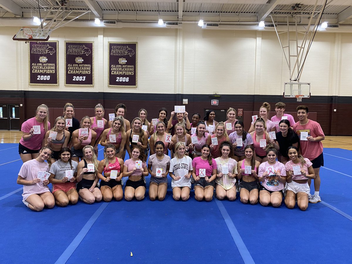 TXSTCHEER's tweet photo. Spreading love and cheer to the San Marcos community💗 Today we delivered the cards we made as a team over the weekend and did a few cheers! @TexasOncology https://t.co/cW7MbUIL4x